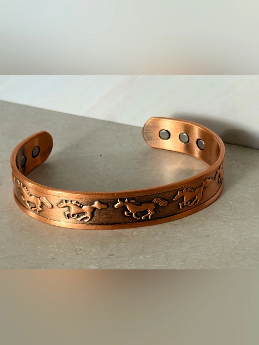 Unisex Men or Women Copper Horses Running Designs Embossed Magnetic Open Cuff